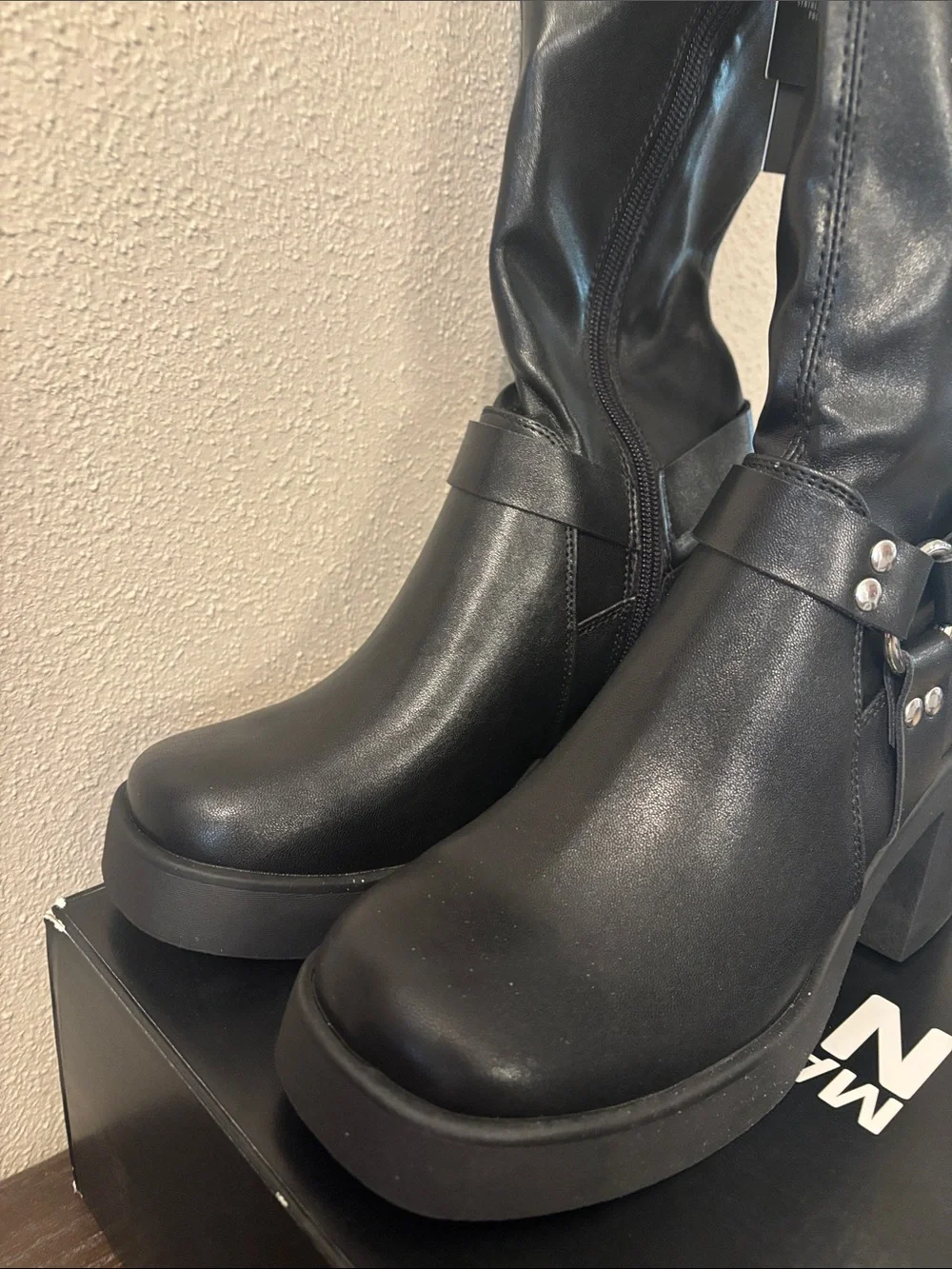 Madden NYC Women’s Black Knee Platform Boots with Buckle Strap 7